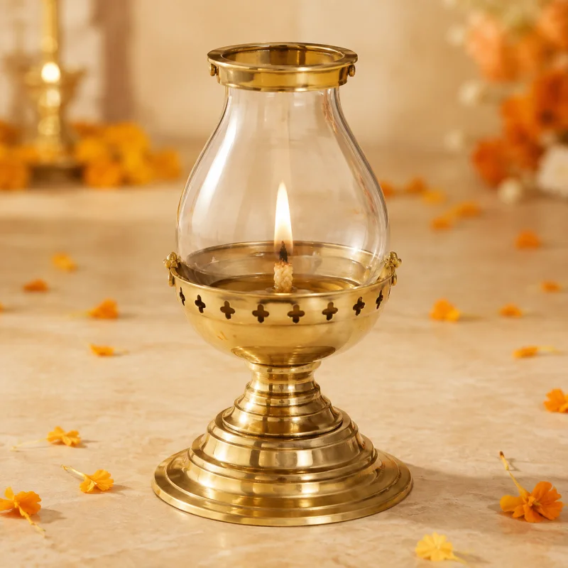 Brass Akhand Diya with glass chimney